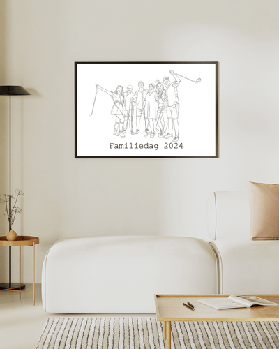 Lijntekening van familiedag in fotolijst.