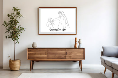 Poster met lijntekening van een aanzoek, met de tekst "Happily Ever After" ingelijst in een modern interieur.