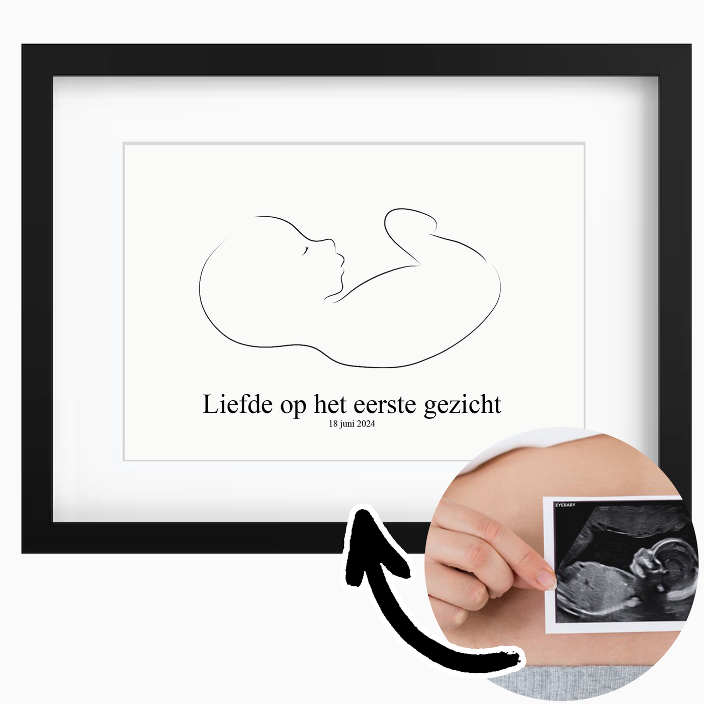 Handgetekende poster van baby lijntekening met tekst "Liefde op het eerste gezicht", zwart-wit echo foto en zwarte lijst van Xoo.nl.