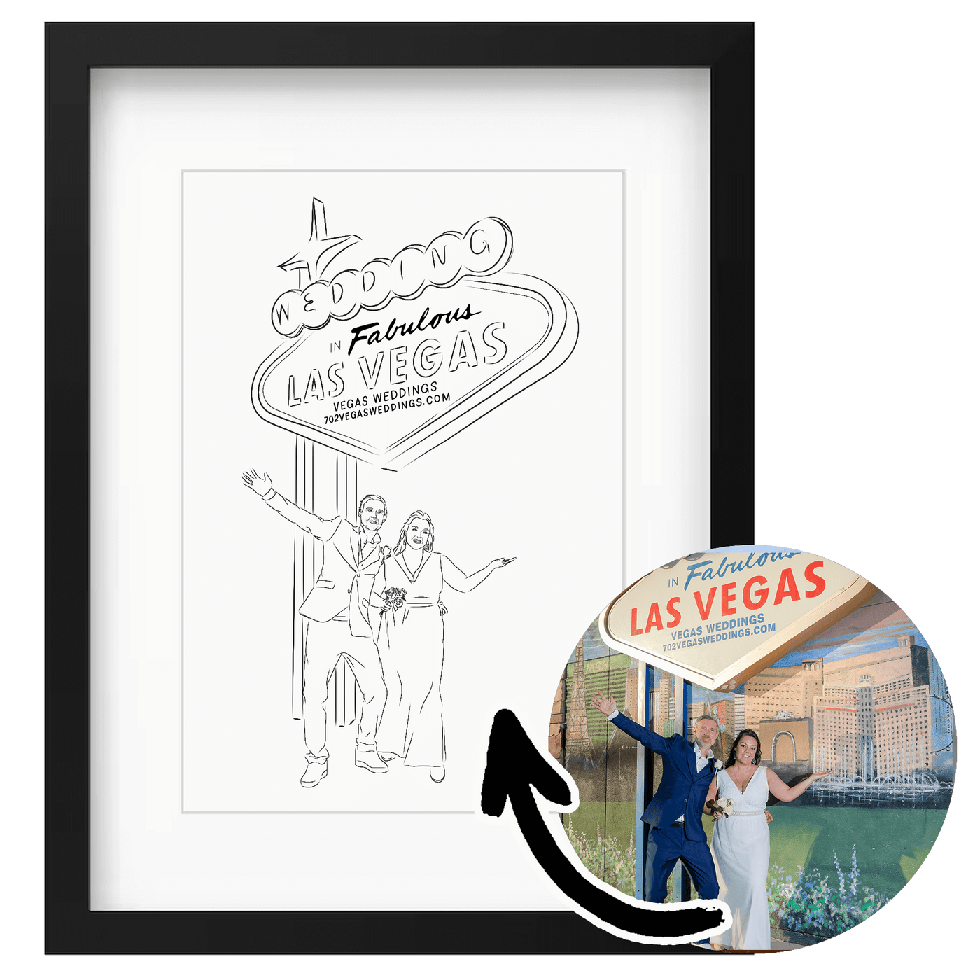 Lijntekening poster van een trouwfoto in Las Vegas, afgebeeld met het beroemde "Welcome to Fabulous Las Vegas" bord op luxe papier, ingelijst in een zwarte fotolijst.