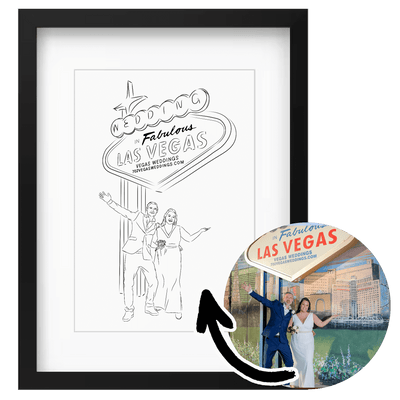 Lijntekening poster van een trouwfoto in Las Vegas, afgebeeld met het beroemde "Welcome to Fabulous Las Vegas" bord op luxe papier, ingelijst in een zwarte fotolijst.