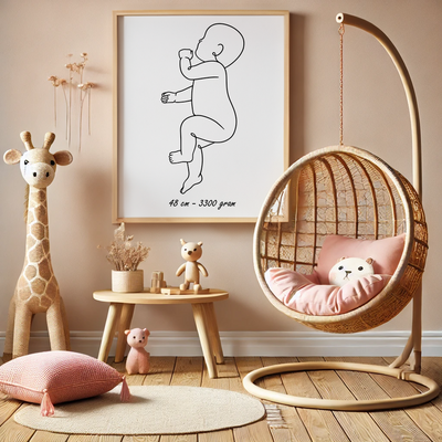 Schaaltekening van baby in kinderkamer met gewicht en lengte.