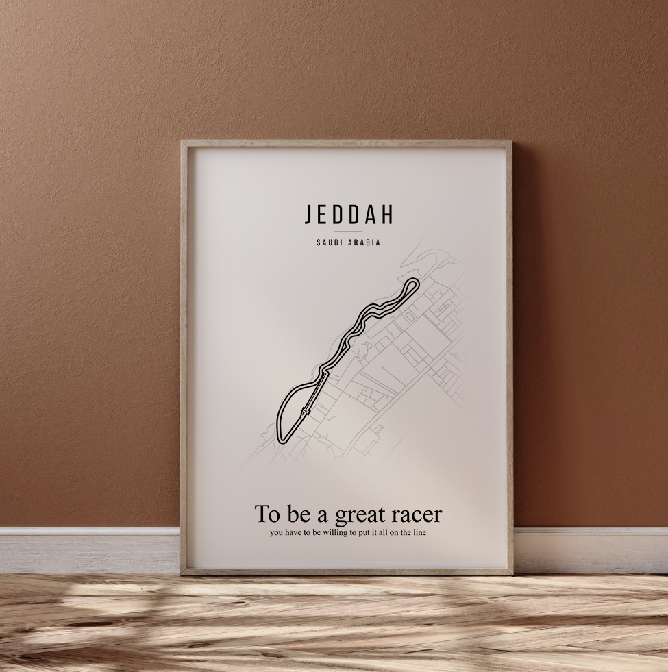 Poster van circuit Jeddah in een houten lijst