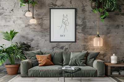 Poster van een handgetekende lijntekening van een paard met de naam "SKY" aan de muur in een stijlvol ingerichte woonkamer met een groene bank, planten en moderne verlichting.