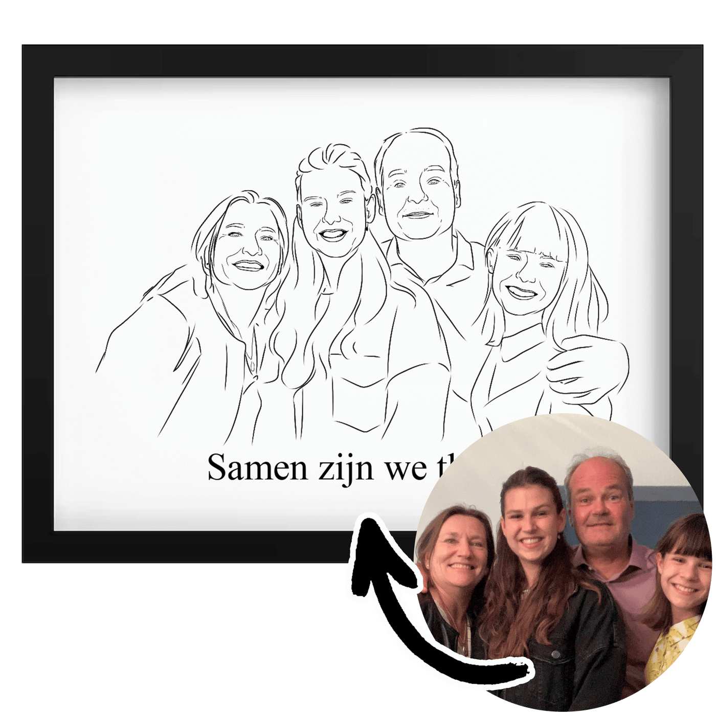 Lijntekening van familie in fotolijst.