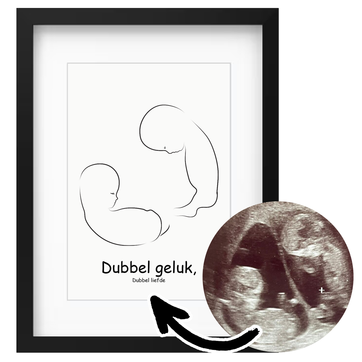 Zwart ingelijste handgetekende poster van tweelingen met een echo afbeelding en tekst "Dubbel geluk, Dubbel liefde".